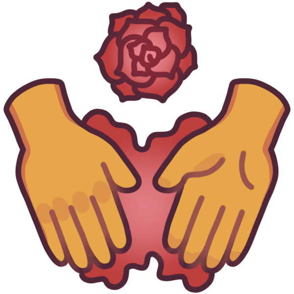  two hands held near each other, connected by a red blob, and a red rose above them.